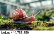 A snail is sitting on top of a green moss covered ground, AI. Стоковое AI-изображение, AI-художник Сергей Старуш / Фотобанк Лори