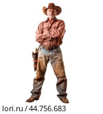 Rugged cowboy standing confidently with arms akimbo. Стоковое AI-изображение, AI-художник Иван Рябоконь / Фотобанк Лори