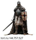 Medieval knight in full armor with sword and shield. Стоковое AI-изображение, AI-художник Иван Рябоконь / Фотобанк Лори