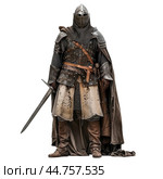 Medieval knight in full armor standing. Стоковое AI-изображение, AI-художник Иван Рябоконь / Фотобанк Лори