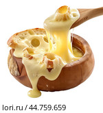 Melted cheese fondue pouring from a wooden spoon. Стоковое AI-изображение, AI-художник Иван Рябоконь / Фотобанк Лори