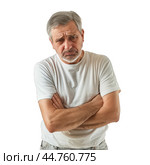 Skeptical senior man crossing arms and frowning with disapproval. Стоковое AI-изображение, AI-художник Иван Рябоконь / Фотобанк Лори