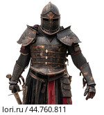 Medieval knight wearing full body armour holding sword. Стоковое AI-изображение, AI-художник Иван Рябоконь / Фотобанк Лори