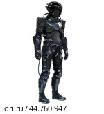 Space explorer wearing advanced protective suit standing on white background. Стоковое AI-изображение, AI-художник Иван Рябоконь / Фотобанк Лори