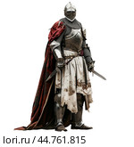 Medieval knight wearing helmet and chain mail holding sword. Стоковое AI-изображение, AI-художник Иван Рябоконь / Фотобанк Лори