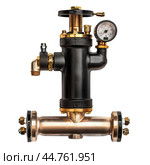 Industrial water pressure reducer with pressure gauge being installed by a plumber. Стоковое AI-изображение, AI-художник Иван Рябоконь / Фотобанк Лори