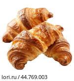 Three freshly baked croissants with golden brown crusts. Стоковое AI-изображение, AI-художник Иван Рябоконь / Фотобанк Лори
