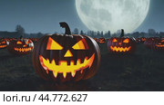 Halloween pumpkins glowing under full moon in field at night. Стоковое AI-видео, аниматор Юрий Поздников / Фотобанк Лори