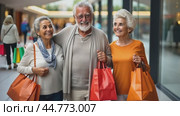 Group of happy senior friends are enjoying shopping together at the mall. Стоковое AI-видео, аниматор Юрий Поздников / Фотобанк Лори