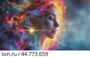 Woman connecting with cosmic energy flow and spiritual enlightenment. Стоковое AI-видео, аниматор Юрий Поздников / Фотобанк Лори