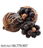 Black peppercorns forming a bunch with dried pepper seeds. Стоковое AI-изображение, AI-художник Иван Рябоконь / Фотобанк Лори