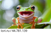 A small green frog sitting on top of a leaf with its mouth open, AI. Стоковое AI-изображение, AI-художник Сергей Старуш / Фотобанк Лори