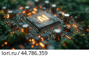 Computer mother board chip with AI text and glowing circuit background. Large copy space. Concept for artificial intelligence, big data, machine learning, robot trading, cryptocurrency. Стоковое AI-изображение, AI-художник Ирина Михайличенко / Фотобанк Лори