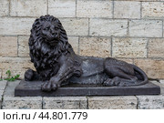 PYATIGORSK, RUSSIA - MAY 11, 2024: Sculpture of a black lion near the entrance to the cave with the Proval lake. Caucasian Mineral Waters. Редакционное фото, фотограф Оксана Медведева / Фотобанк Лори