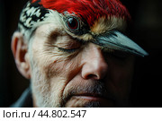 Человек-дятел. У мужчины сильно болит голова, будто дятел поселился в голове. Стоковое AI-изображение, AI-художник Щеголева Ольга / Фотобанк Лори
