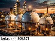White spherical tanks for storing oil in an outdoor refinery. Tanks for petroleum products are equipment for industrial spherical oil storage. Стоковое AI-изображение, AI-художник Photojuli / Фотобанк Лори