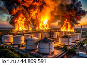 Fire. White spherical tanks for storing oil on fire at an outdoor refinery. Tanks for petroleum products are equipment for industrial spherical oil storage. Стоковое AI-изображение, AI-художник Photojuli / Фотобанк Лори
