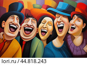 Laughing buddies, group of friends laughing together, their faces filled with joy and mirth. Стоковое AI-изображение, AI-художник Виктория Тельминова / Фотобанк Лори