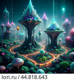 Futuristic neon city with glowing geometric shapes at night. Стоковое AI-изображение, AI-художник Алексей Сабадырь / Фотобанк Лори
