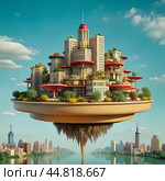 Futuristic floating city with colorful buildings and greenery. Стоковое AI-изображение, AI-художник Алексей Сабадырь / Фотобанк Лори