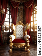 Old white and gold Royal chair with red curtains and candelabra in medieval vintage room. Throne for king in castle. Background in architecture or retro interior design. Copy space, text place. Стоковое AI-изображение, AI-художник Aleksandr Golubev / Фотобанк Лори