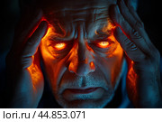 Сильная головная боль, мужчина держится руками за голову. Стоковое AI-изображение, AI-художник Щеголева Ольга / Фотобанк Лори