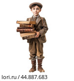 Young historian boy holding stack of old books. Стоковое AI-изображение, AI-художник Иван Рябоконь / Фотобанк Лори