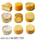 Delicious variety of nine different cheese wheels being displayed. Стоковое AI-изображение, AI-художник Иван Рябоконь / Фотобанк Лори