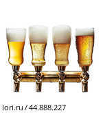 Four glasses of cold beer pouring from taps. Стоковое AI-изображение, AI-художник Иван Рябоконь / Фотобанк Лори
