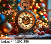 The clock is counting down the last moment of the outgoing old year. There is little time left until the New Year. Is everything ready to celebrate the New Year? Стоковое AI-изображение, AI-художник Сергей Елизарьев / Фотобанк Лори