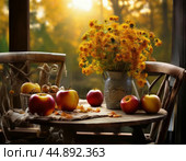 On the table is a bouquet of garden flowers, next to them are ripe apples. Morning still life. Стоковое AI-изображение, AI-художник Сергей Елизарьев / Фотобанк Лори