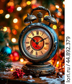 The clock is counting down the last moment of the outgoing old year. There is little time left until the New Year. Is everything ready to celebrate the New Year? Стоковое AI-изображение, AI-художник Сергей Елизарьев / Фотобанк Лори