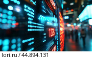 Stock market ticker displays with bright red and blue lights illuminating a bustling financial district at night. Стоковое AI-изображение, AI-художник Сергей Толмачёв / Фотобанк Лори