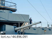 Fragment of protected cruiser Aurora, currently preserved as a museum ship in Saint Petersburg (2024 год). Редакционное фото, фотограф Евгений Харитонов / Фотобанк Лори