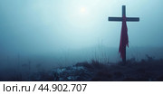 Wooden cross with red fabric in foggy background, concept of spirituality. Стоковое AI-изображение, AI-художник Анастасия Золотницкая / Фотобанк Лори