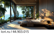 Tranquil beachside bedroom overlooking lush greenery and ocean at sunrise. Стоковое AI-изображение, AI-художник Сергей Толмачёв / Фотобанк Лори