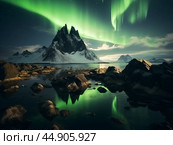 Nothern lights over the sea snowy mountains. Winter landscape. New Year concept. Стоковое AI-изображение, AI-художник Ксения Лаптева / Фотобанк Лори