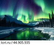 Nothern lights winter landscape. New Year concept. Стоковое AI-изображение, AI-художник Ксения Лаптева / Фотобанк Лори