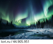 Nothern lights winter landscape. New Year concept. Стоковое AI-изображение, AI-художник Ксения Лаптева / Фотобанк Лори