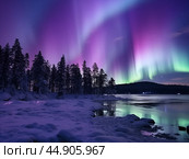 Nothern lights, forest and river winter landscape. New Year concept. Стоковое AI-изображение, AI-художник Ксения Лаптева / Фотобанк Лори