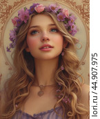 Woman portrait with floral crown in art nouveau style fantasy illustration. Стоковое AI-изображение, AI-художник Ксения Лаптева / Фотобанк Лори