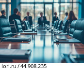 Boardroom table set for a meeting with business executives in blurred background. Стоковое AI-изображение, AI-художник Ксения Лаптева / Фотобанк Лори
