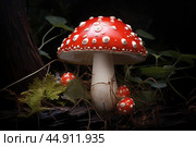 Mushroom Amanita closeup. Стоковое AI-изображение, AI-художник Veniamin Kraskov / Фотобанк Лори