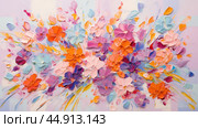 A vibrant and colorful oil painting depicting a bouquet of flowers in an expressionist style. Стоковое AI-изображение, AI-художник Ксения Лаптева / Фотобанк Лори