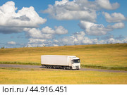 White chinese truck on a road moving in a field. Стоковое фото, фотограф Юрий Стройкин / Фотобанк Лори