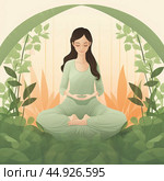 A young focused woman in nature in the lotus position is engaged in oriental practices. Стоковое AI-изображение, AI-художник Ярославский Максим / Фотобанк Лори