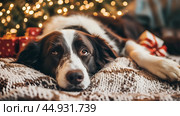 Border Collie relaxing near a decorated Christmas tree with gifts on a cozy blanket. Стоковое AI-изображение, AI-художник Ксения Лаптева / Фотобанк Лори