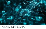 Microscopic view of neurons interacting in a vibrant blue network showcasing neural activity in a digital representation. Стоковое AI-изображение, AI-художник Сергей Толмачёв / Фотобанк Лори