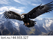 An Andean Condor soaring gracefully over the rugged peaks of the Andes Mountains. Стоковое AI-изображение, AI-художник Veniamin Kraskov / Фотобанк Лори