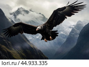 An Andean Condor soaring gracefully over the rugged peaks of the Andes Mountains. Стоковое AI-изображение, AI-художник Veniamin Kraskov / Фотобанк Лори